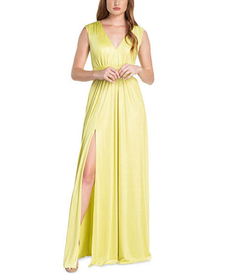 Dress The Population Women's Krista Plunge Neck Side Slit Gown Yellow Size XX-Small
