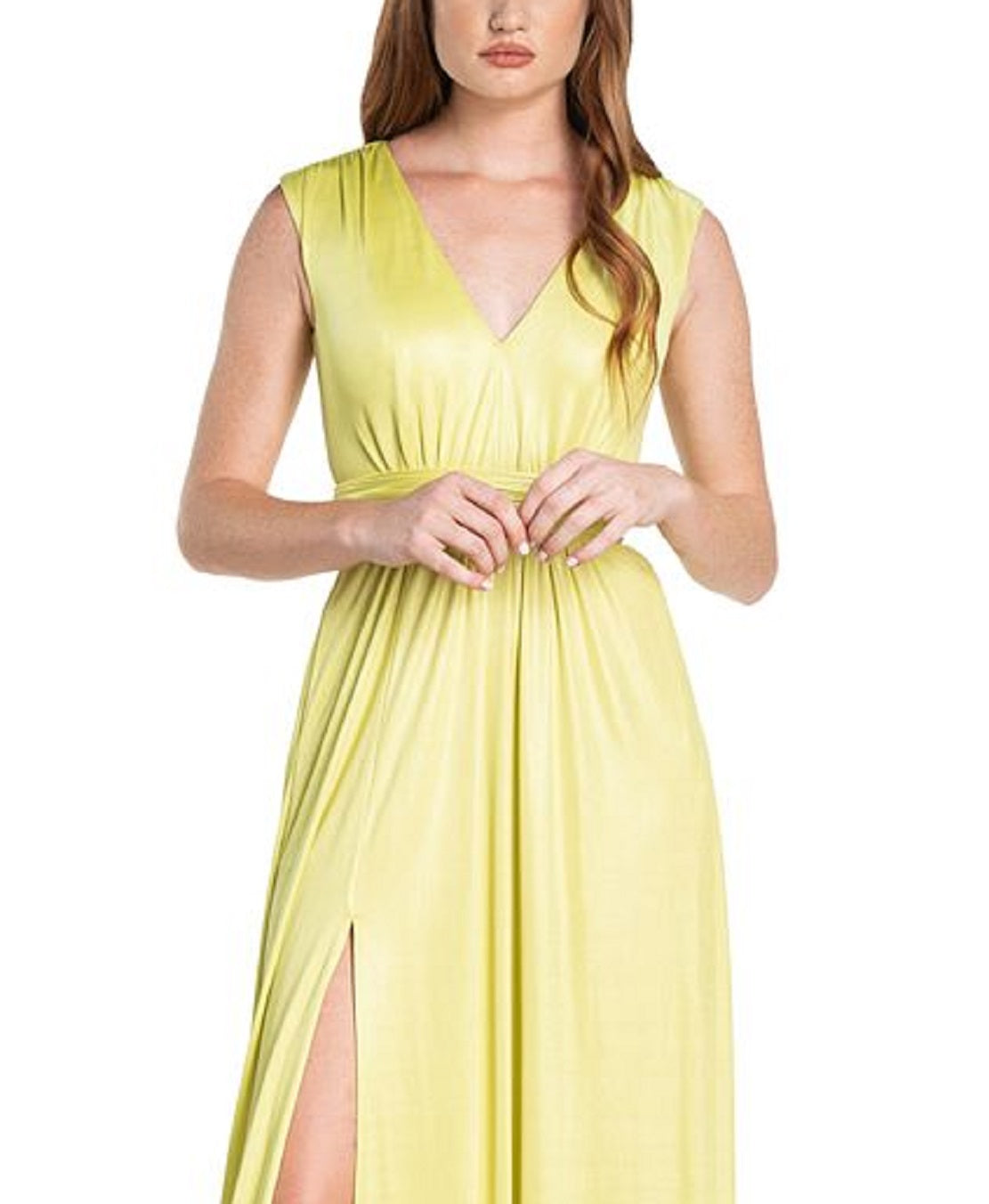 Dress The Population Women's Krista Plunge Neck Side Slit Gown Yellow Size XX-Small