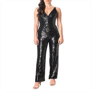 Dress The Population Women's Black Sequin V Neck Jumpsuit Size Medium