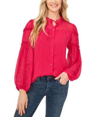 CeCe Women's Ruffle Detail Crinkled Chiffon Blouse Pink Size X Large