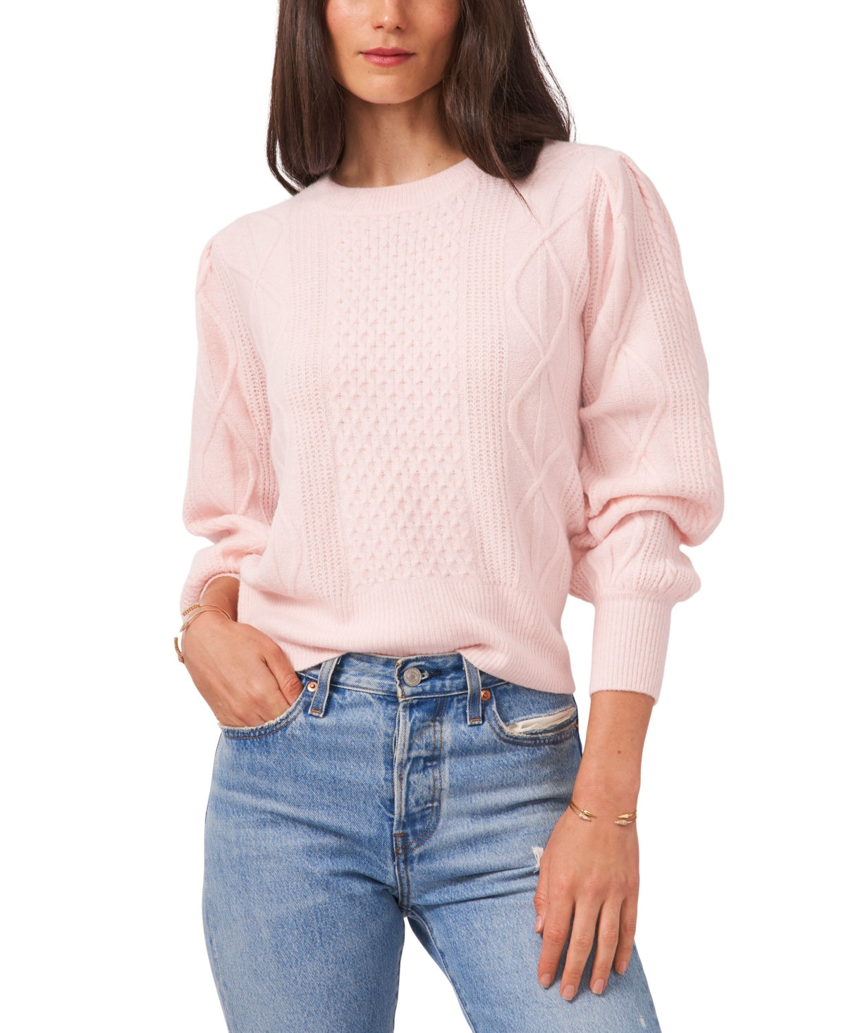 1.STATE Women's Variegated Cables Crew Sweater Pink Size Medium