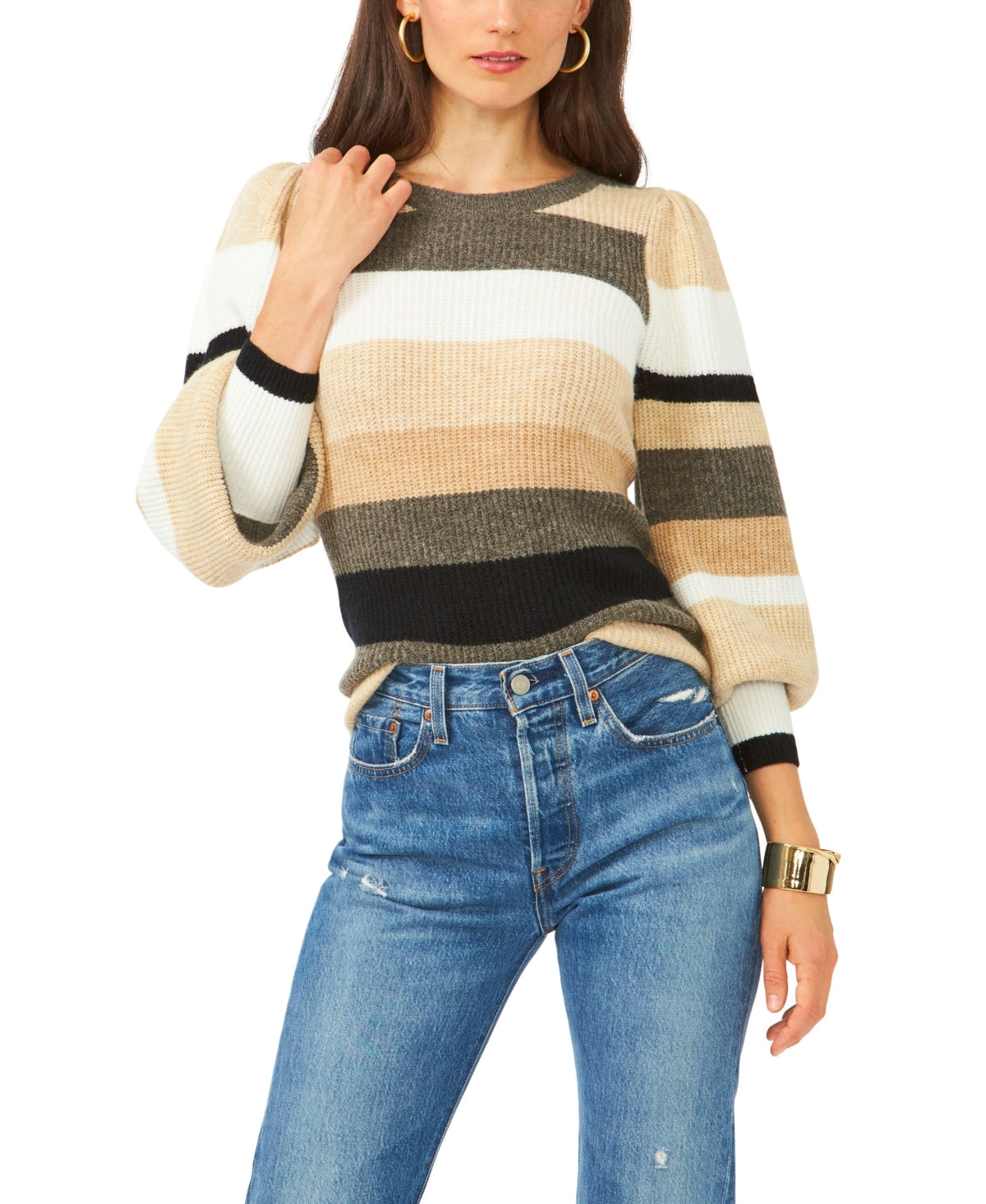 1.STATE Women's Stripe Bubble Sleeve Sweater Brown Size Small