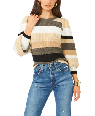 1.STATE Women's Stripe Bubble Sleeve Sweater Brown Size Small