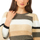 1.STATE Women's Stripe Bubble Sleeve Sweater Brown Size Small