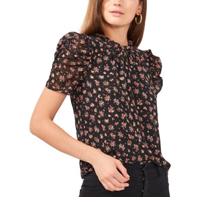 1.STATE Women's Ruched Floral Keyhole Top Yellow