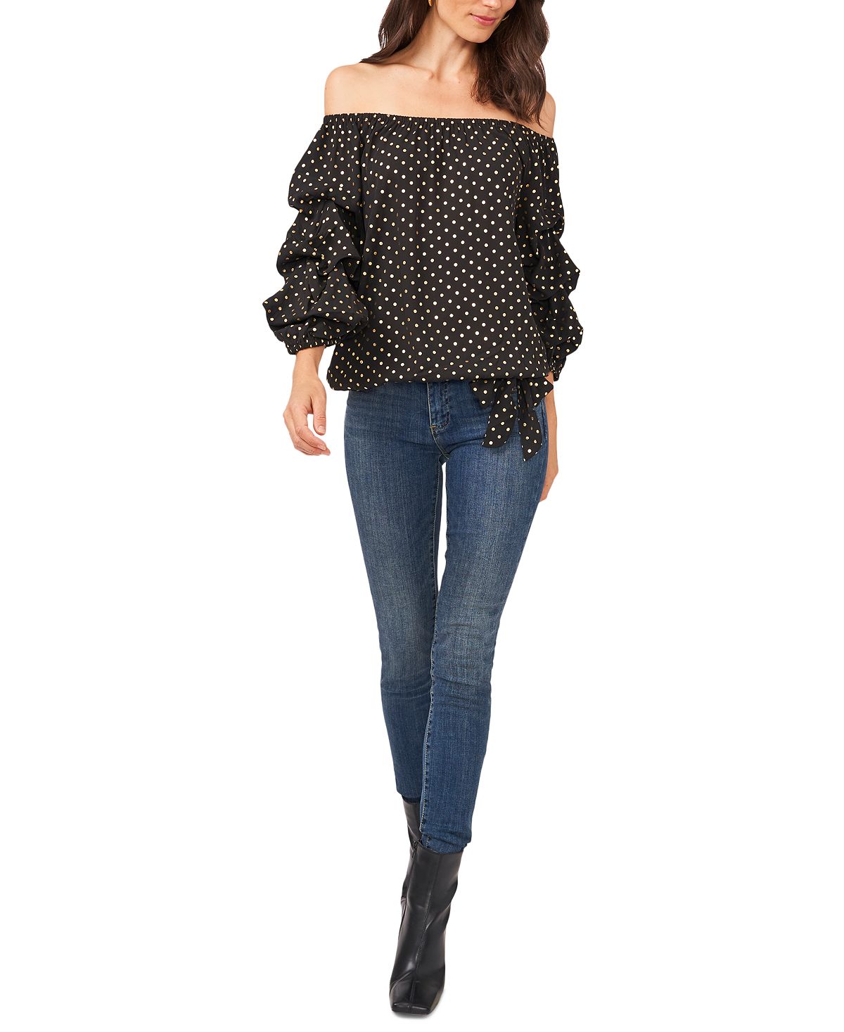 Vince Camuto Women's Polka Dot Off the Shoulder Bubble Sleeve Top Black Size X-Large