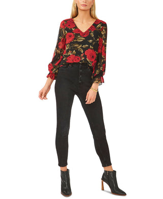 Vince Camuto Women's Floral Print Long Sleeve Blouse Black Size X-Small