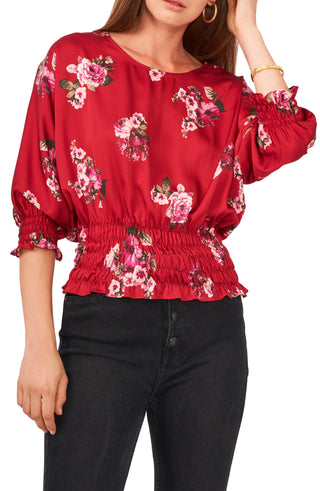 Vince Camuto Women's Vermillion Floral Smocked Waist Top Size Medium