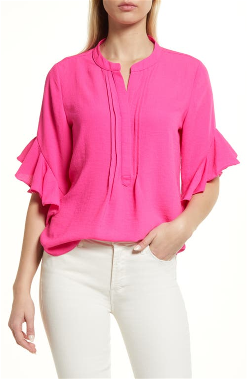 Vince Camuto Women's Hot Pink Ruffle Sleeve Split Neck Blouse Size Large