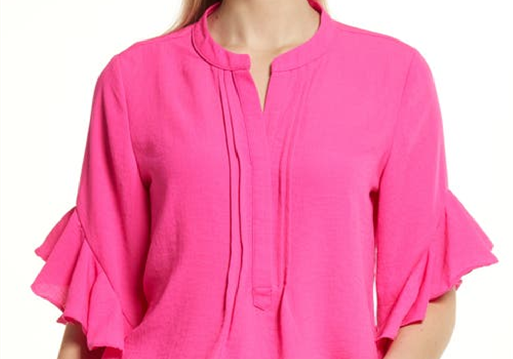 Vince Camuto Women's Hot Pink Ruffle Sleeve Split Neck Blouse Size Large