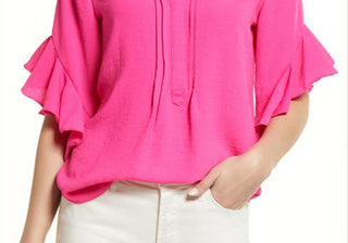Vince Camuto Women's Hot Pink Ruffle Sleeve Split Neck Blouse Size Large