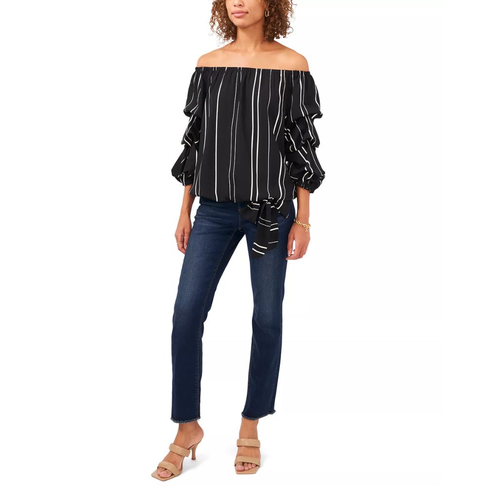 Vince Camuto Women's Stripe Balloon Sleeve Off The Shoulder Blouse Black Size 3X