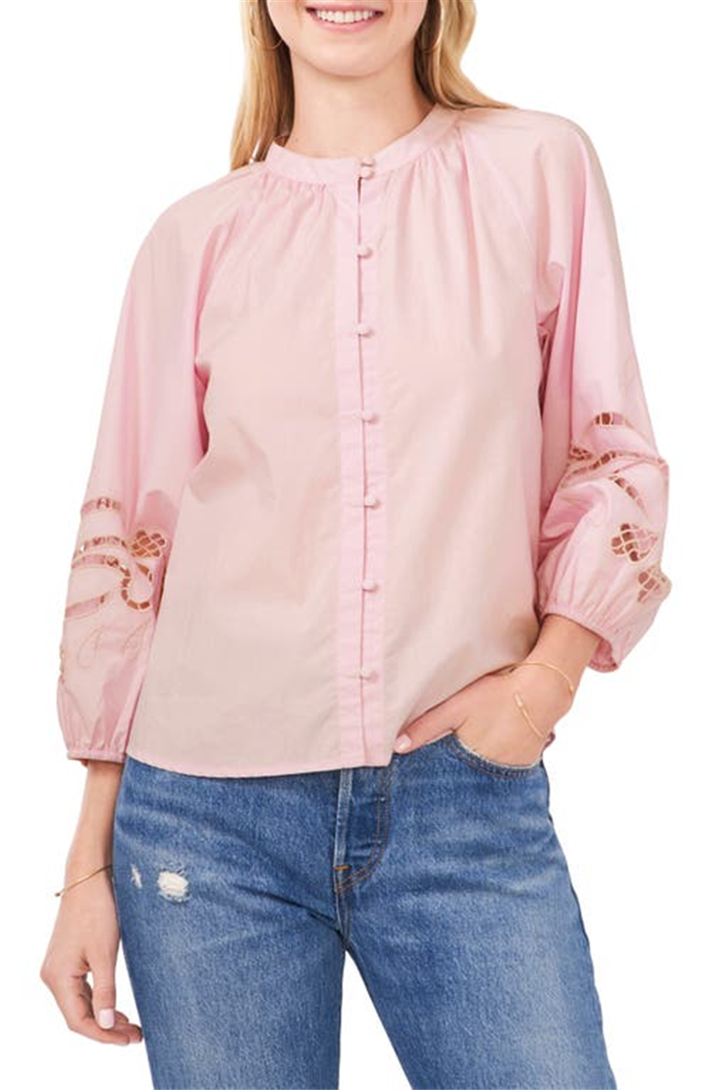 Vince Camuto Women's Pink Horizon Embroidered Poplin Blouse Size X-Small
