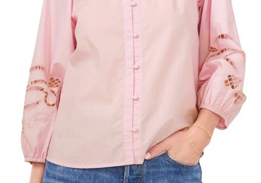 Vince Camuto Women's Pink Horizon Embroidered Poplin Blouse Size X-Small