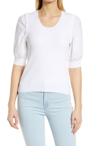 CeCe Women's Puff Sleeve Mixed Media Sweater White Size Large