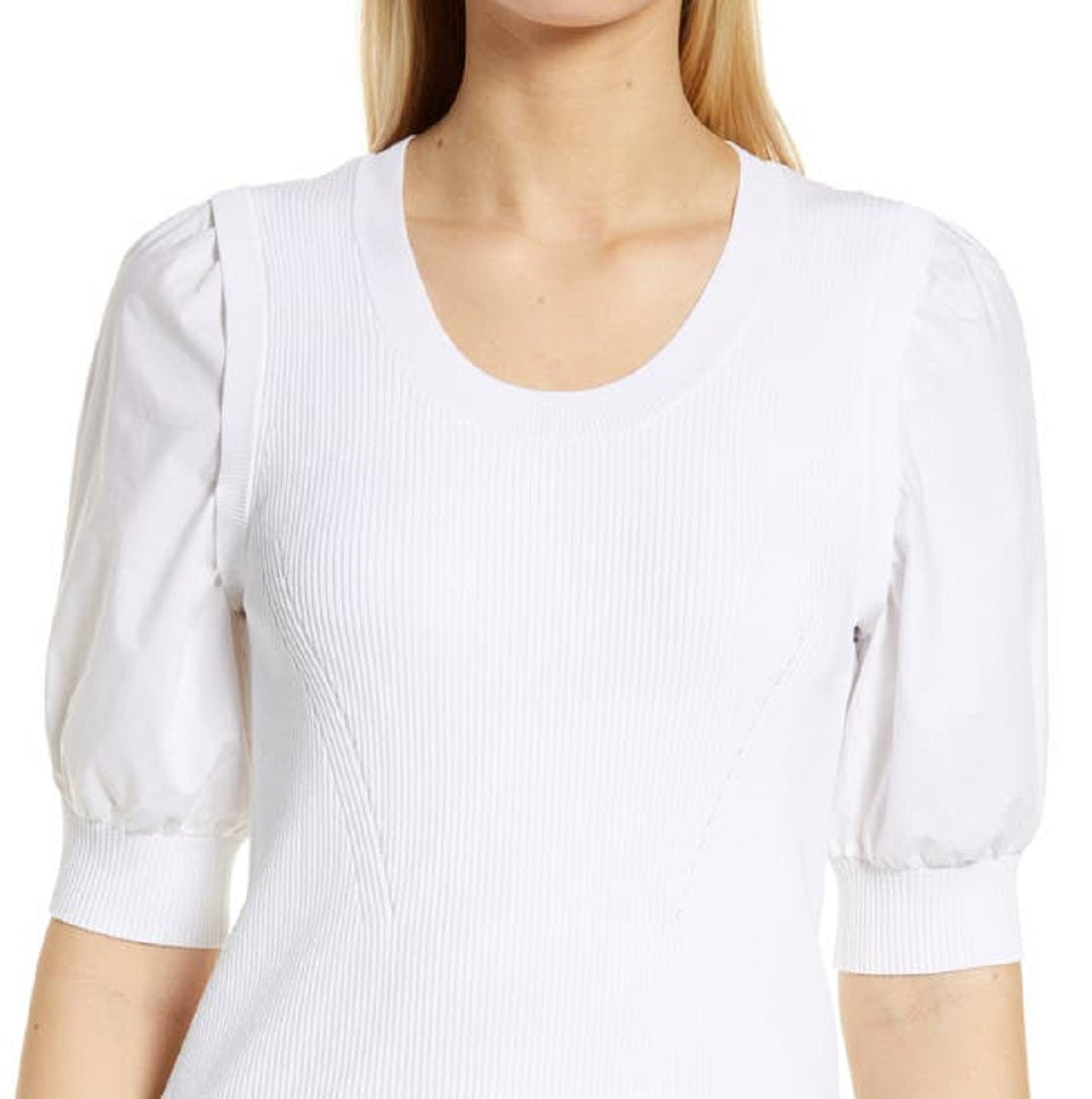 CeCe Women's Puff Sleeve Mixed Media Sweater White Size Large