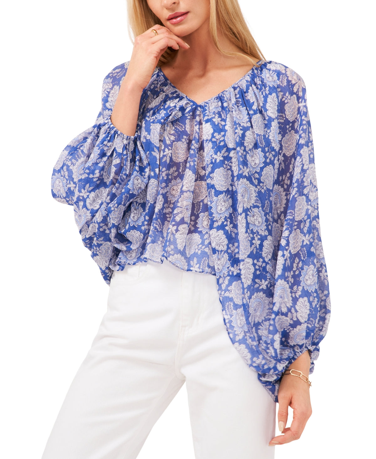 Vince Camuto Women's Floral Balloon Sleeve Blouse Blue
