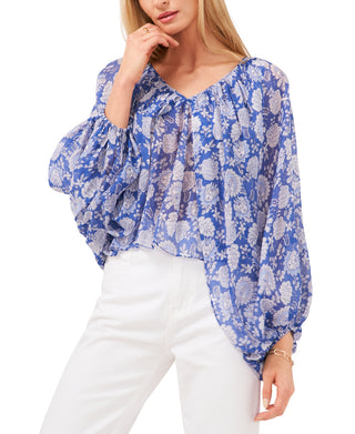 Vince Camuto Womens Floral Balloon Sleeve Blouse Blue Size XSmall