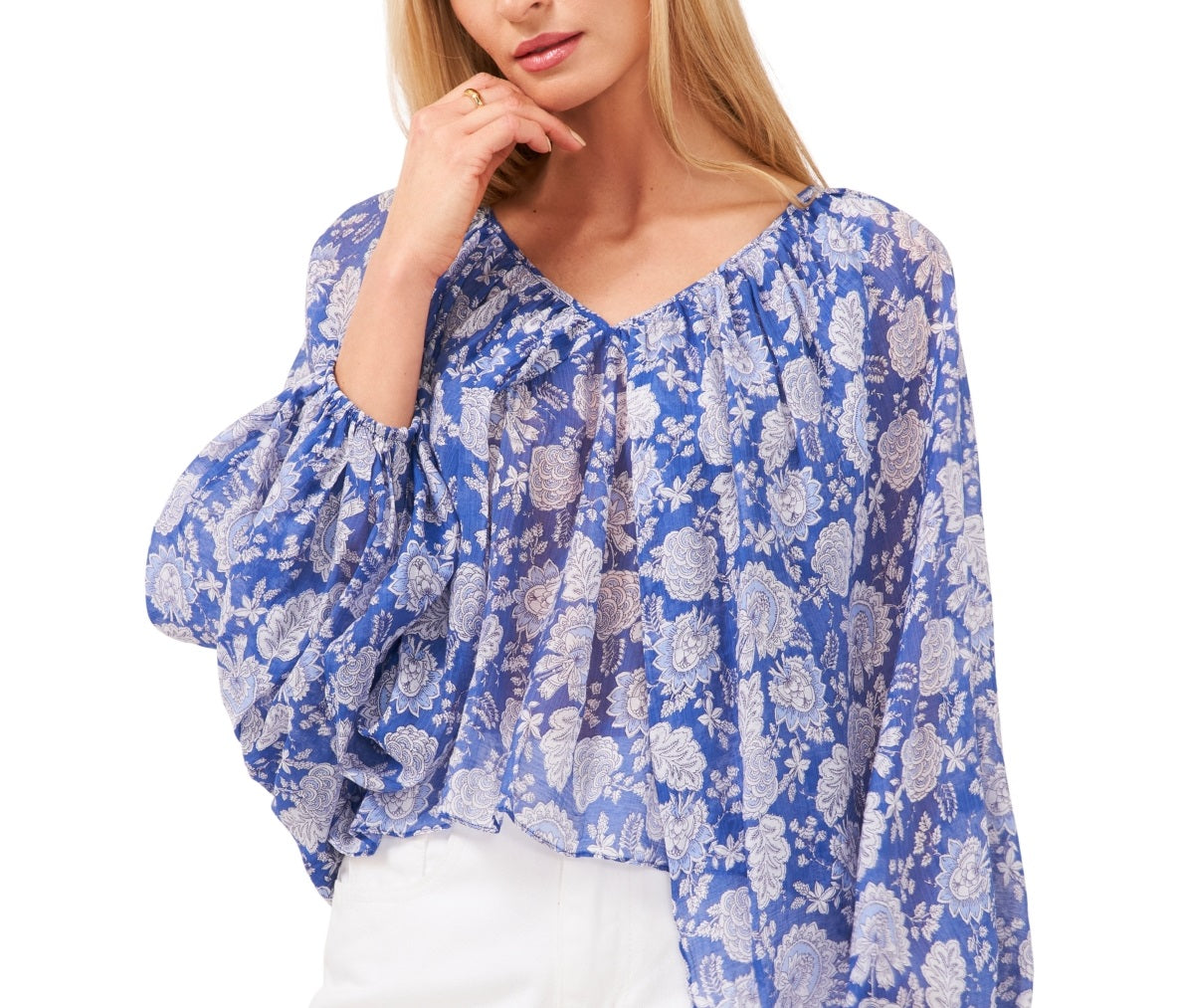 Vince Camuto Women's Floral Balloon Sleeve Blouse Blue