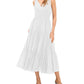 Vince Camuto Women's Smocked Pullover Tie Straps Tiered Lined Sleeveless V Neck Midi Fit Flare Dress White Size X-Large