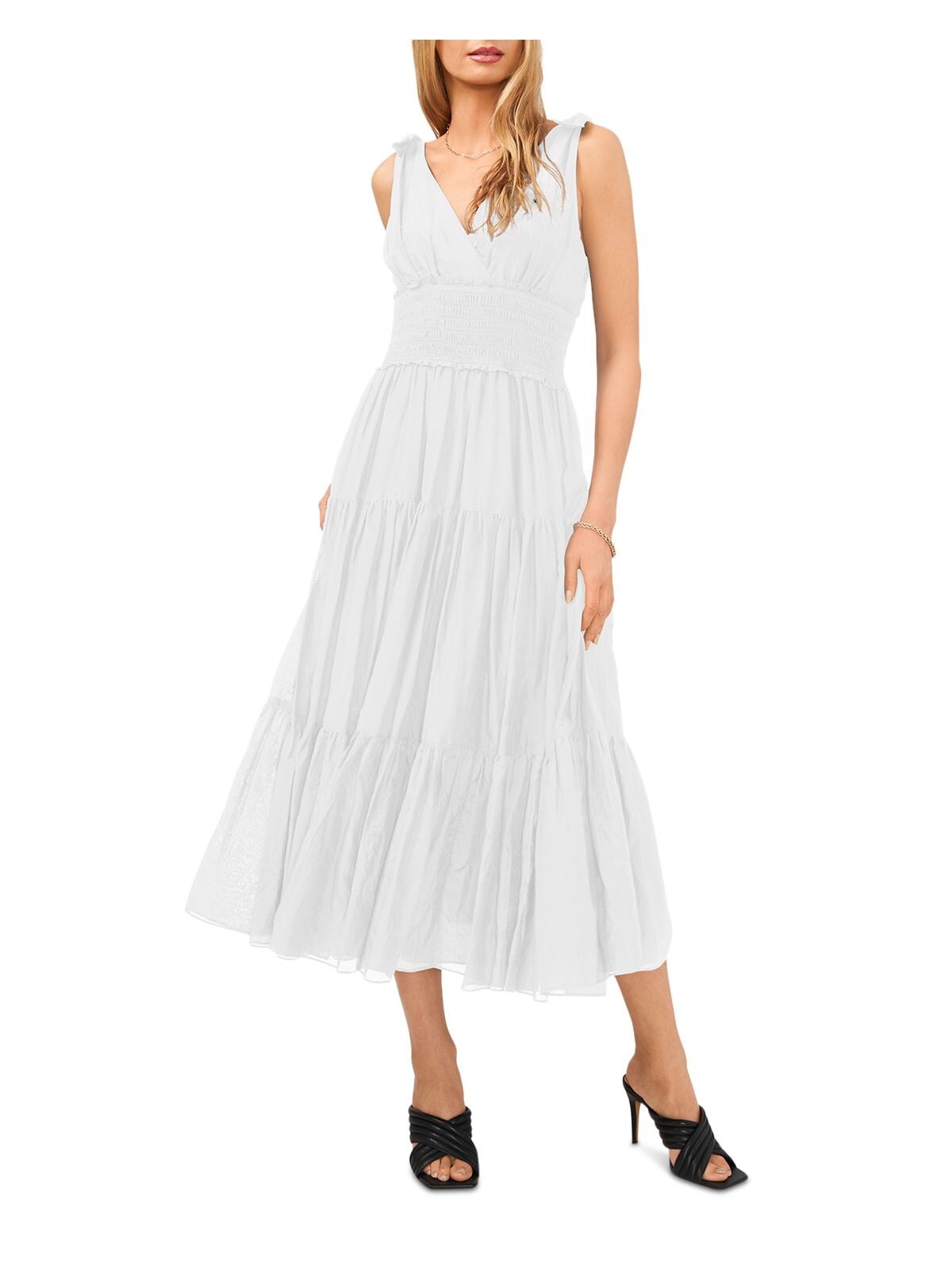 Vince Camuto Women's Smocked Pullover Tie Straps Tiered Lined Sleeveless V Neck Midi Fit Flare Dress White Size X-Large