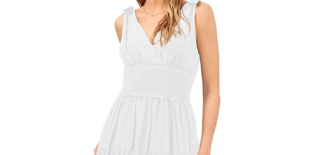 Vince Camuto Women's Smocked Pullover Tie Straps Tiered Lined Sleeveless V Neck Midi Fit Flare Dress White Size X-Large
