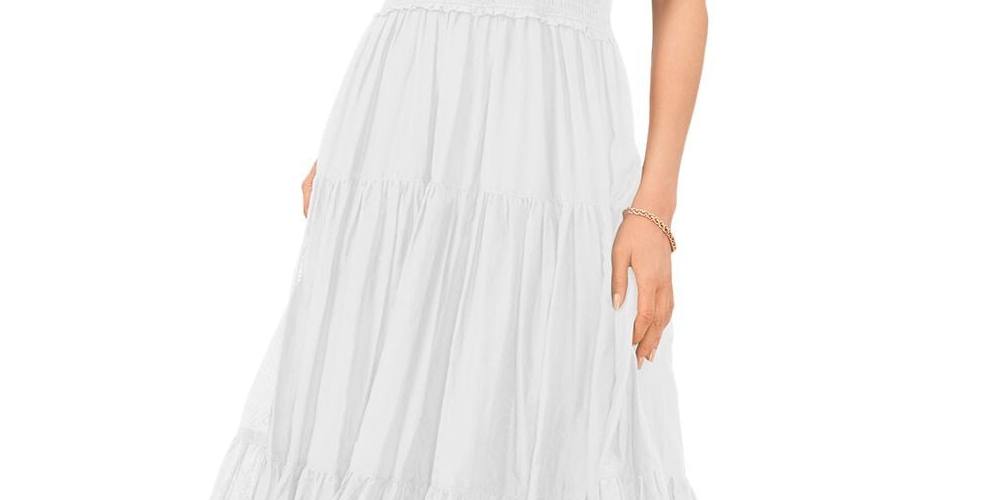 Vince Camuto Women's Smocked Pullover Tie Straps Tiered Lined Sleeveless V Neck Midi Fit Flare Dress White Size X-Large