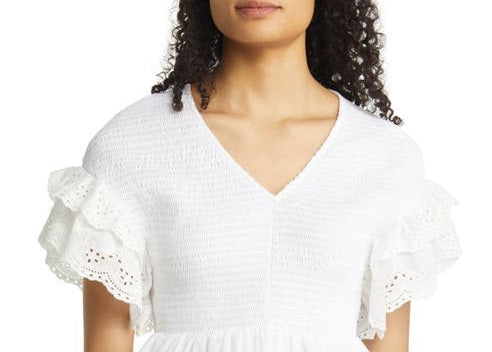 1.STATE Women's Short Flutter Sleeve V Neck Smocked Top White Size XX-Small