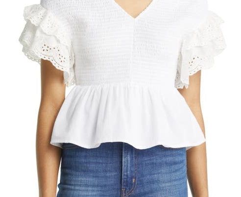 1.STATE Women's Short Flutter Sleeve V Neck Smocked Top White Size XX-Small