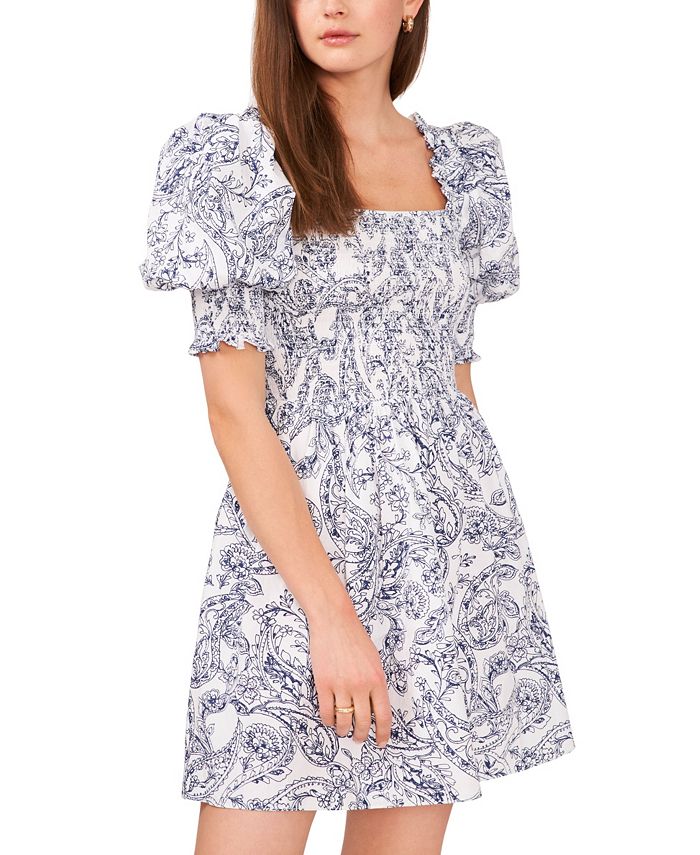 1.STATE Women's Smocked Bodice Puff Sleeve Mini Dress Blue Size X-Small