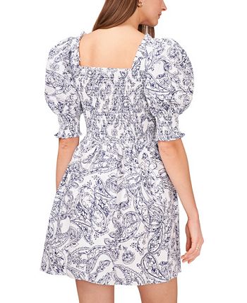 1.STATE Women's Smocked Bodice Puff Sleeve Mini Dress Blue Size X-Small