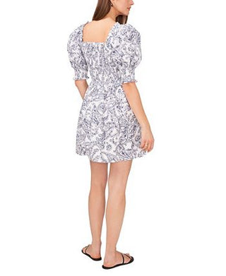 1.STATE Women's Smocked Bodice Puff Sleeve Mini Dress Blue Size X-Small