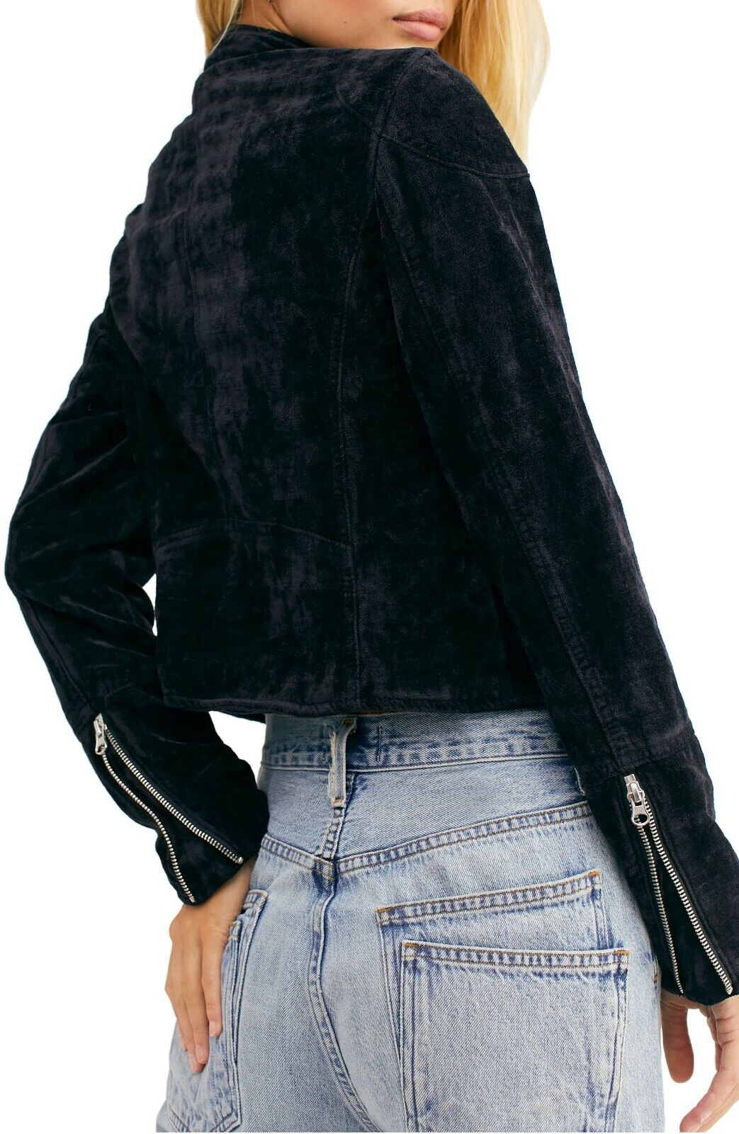 Free People Women's Dusk Till Dawn Velvet Moto Jacket Black Large