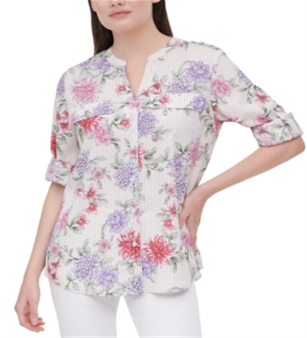 Calvin Klein Printed Tab-Sleeve Top Orange Size XL