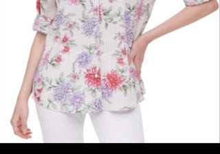 Calvin Klein Printed Tab-Sleeve Top Orange Size XL