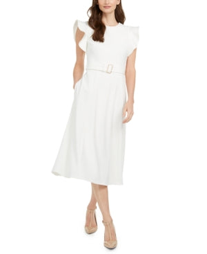 Calvin Klein Women's Ruffle-Shoulder Fit & Flare Midi Dress Color Cream Size 6