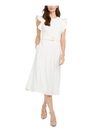 Calvin Klein Women's Ruffle-Shoulder Fit & Flare Midi Dress Color Cream Size 6