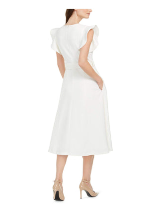 Calvin Klein Women's Ruffle-Shoulder Fit & Flare Midi Dress Color Cream Size 6