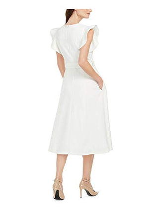 Calvin Klein Women's Ruffle-Shoulder Fit & Flare Midi Dress Color Cream Size 6