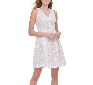 Kensie Women's Lace Zippered Sleeveless V Neck Short Fit Flare Dress White Size 12