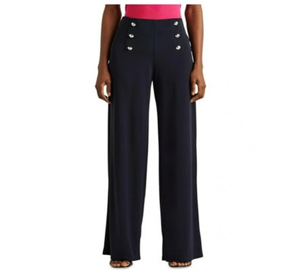 Ralph Lauren Women's Sheer Button Detail Elastic Waist Wide Leg Pants Blue Size Large