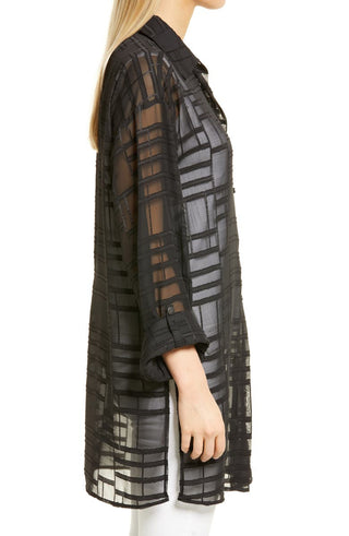 Ming Wang Black Sheer Tunic Blouse, Geo Texture, Size Large