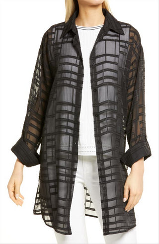 Ming Wang Black Sheer Tunic Blouse, Geo Texture, Size Large