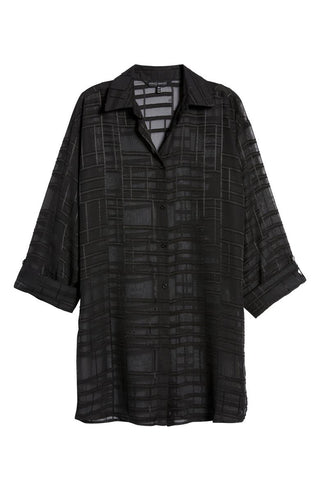 Ming Wang Black Sheer Tunic Blouse, Geo Texture, Size Large
