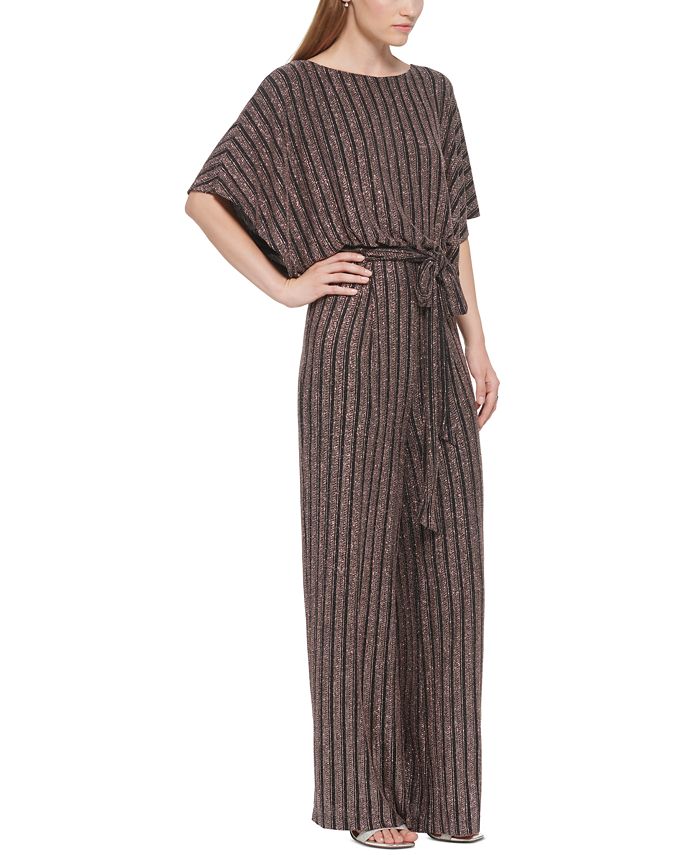 Jessica Howard Women's Metallic Threaded Belted Jumpsuit Black Size Large