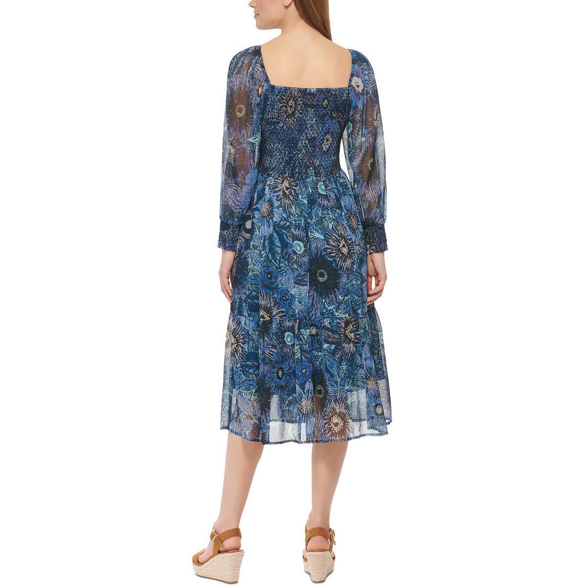 Vince Camuto Women's Floral Print Smocked Midi Dress Blue Size 14