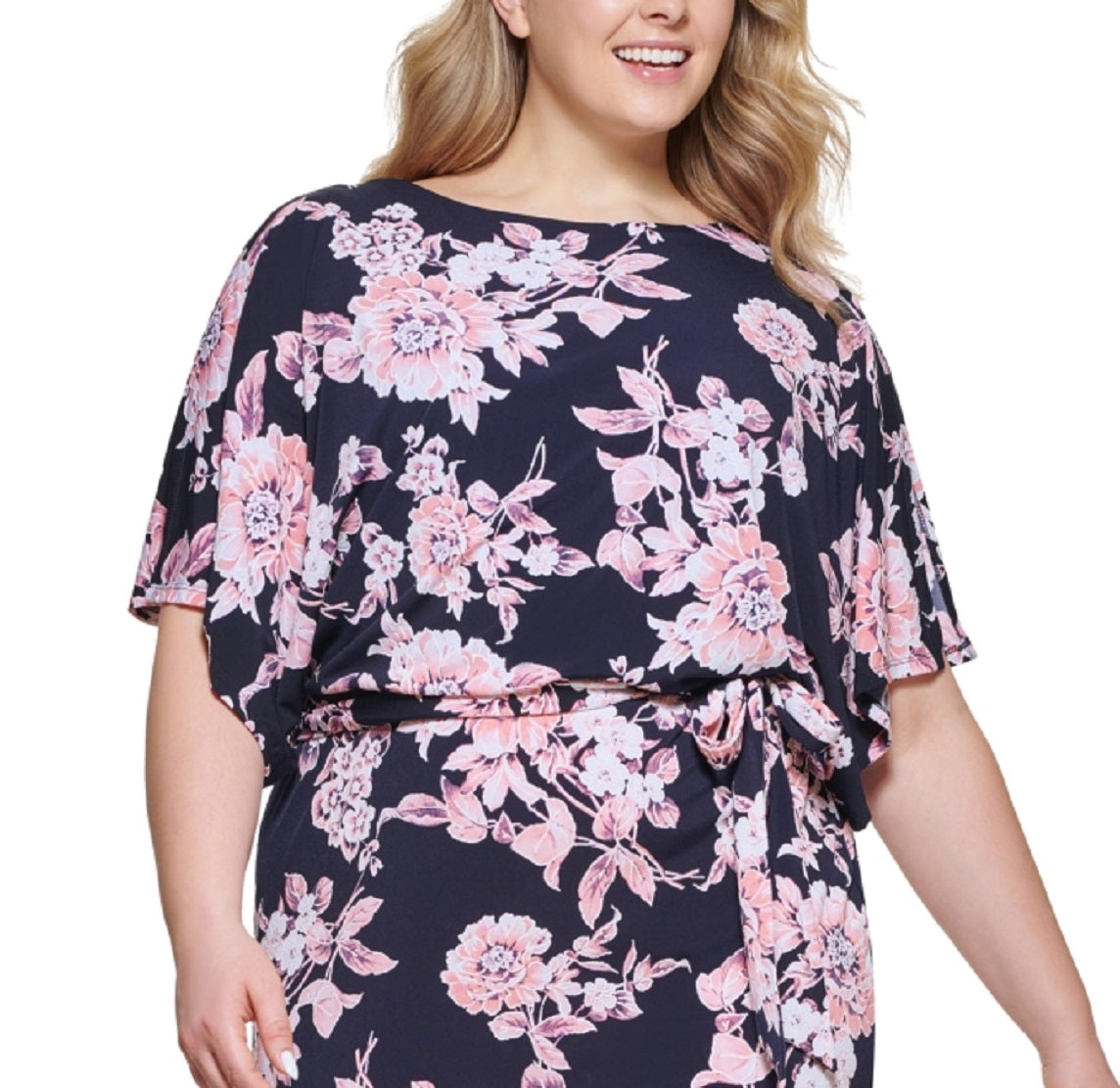 Jessica Howard Women's Floral Print Blouson Dress Blue Size 14W