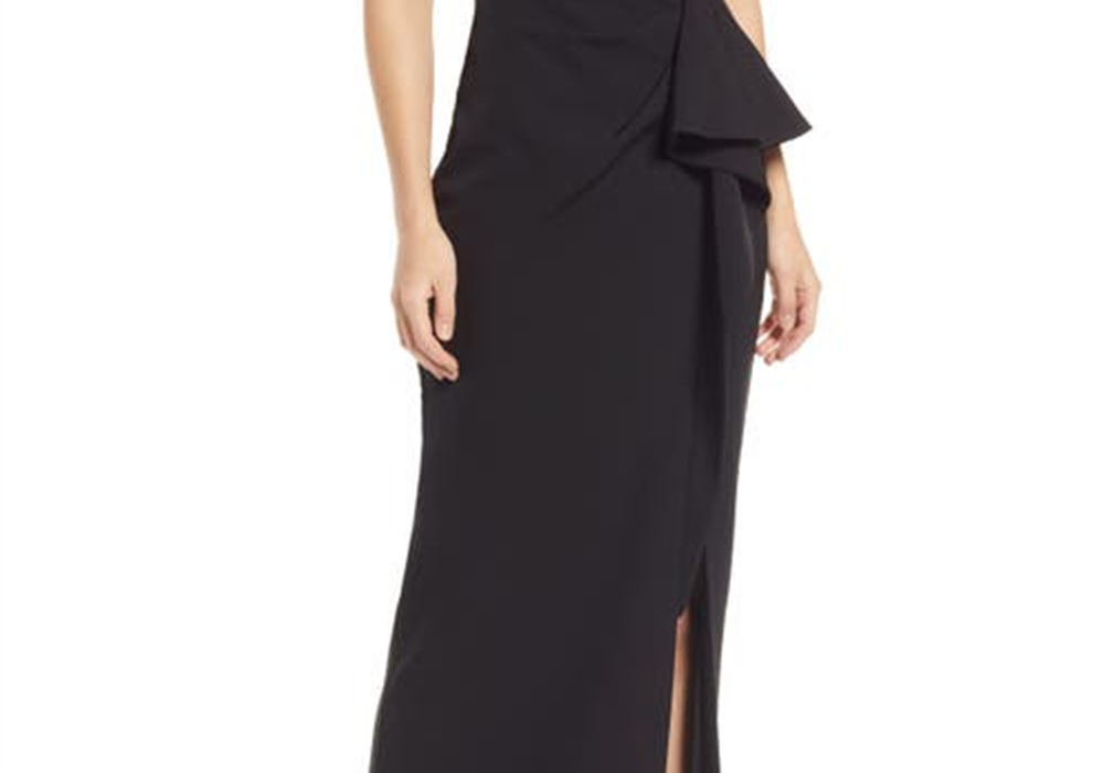 Vince Camuto Black One-Shoulder Ruffle Gown Size 8