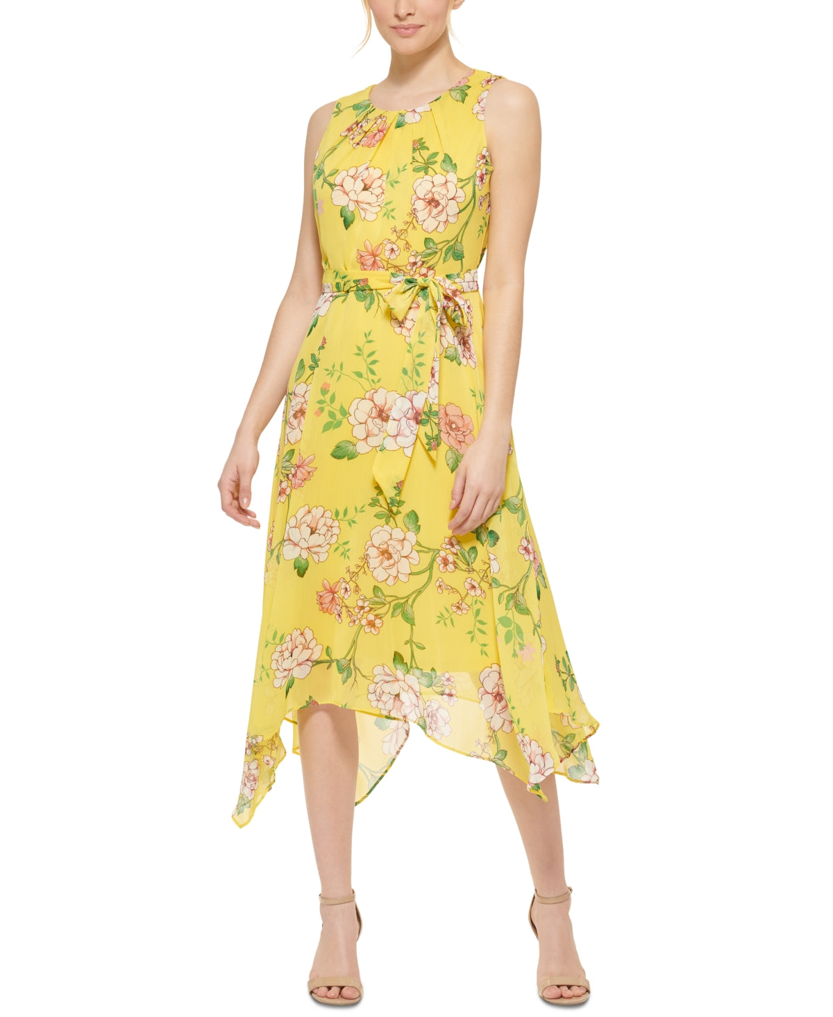 Jessica Howard Women's Pleated Neck Tie Waist Dress Yellow Size 6