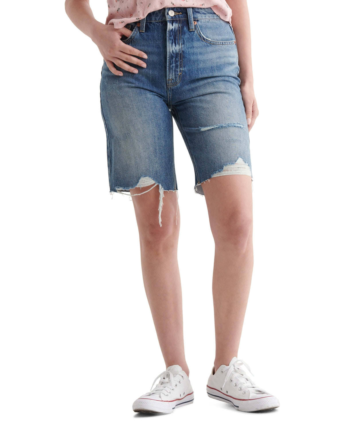 Lucky Brand Women's Destroyed Hem Cutoff Denim Bermuda Shorts Blue Size 27
